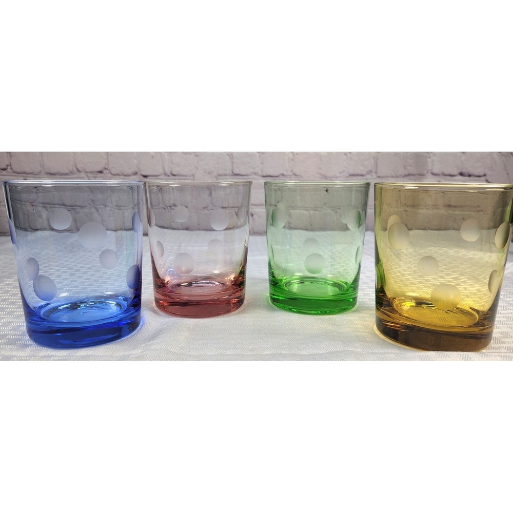 Set of 4 Artland Colorful "Polka Dot" Double Old Fashioned Glasses Etched Dots